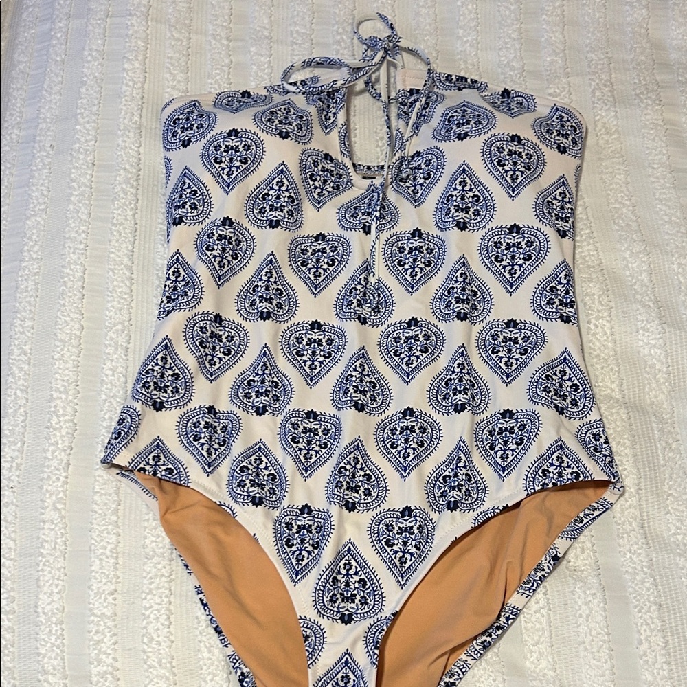 J. Crew Blue and White Patterned One Piece Swimsuit